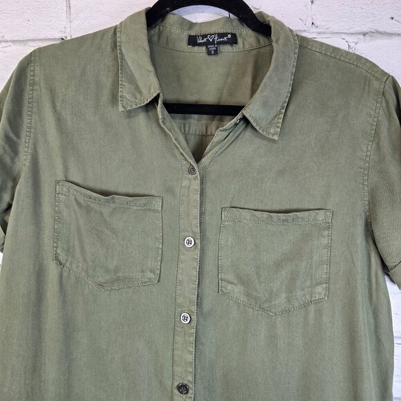 ARMY GREEN SHIRT DRESS RUFFLED HEM BUTTON FRONT COTTON SIZE SMALL VELVET HEART - Picture 3 of 6